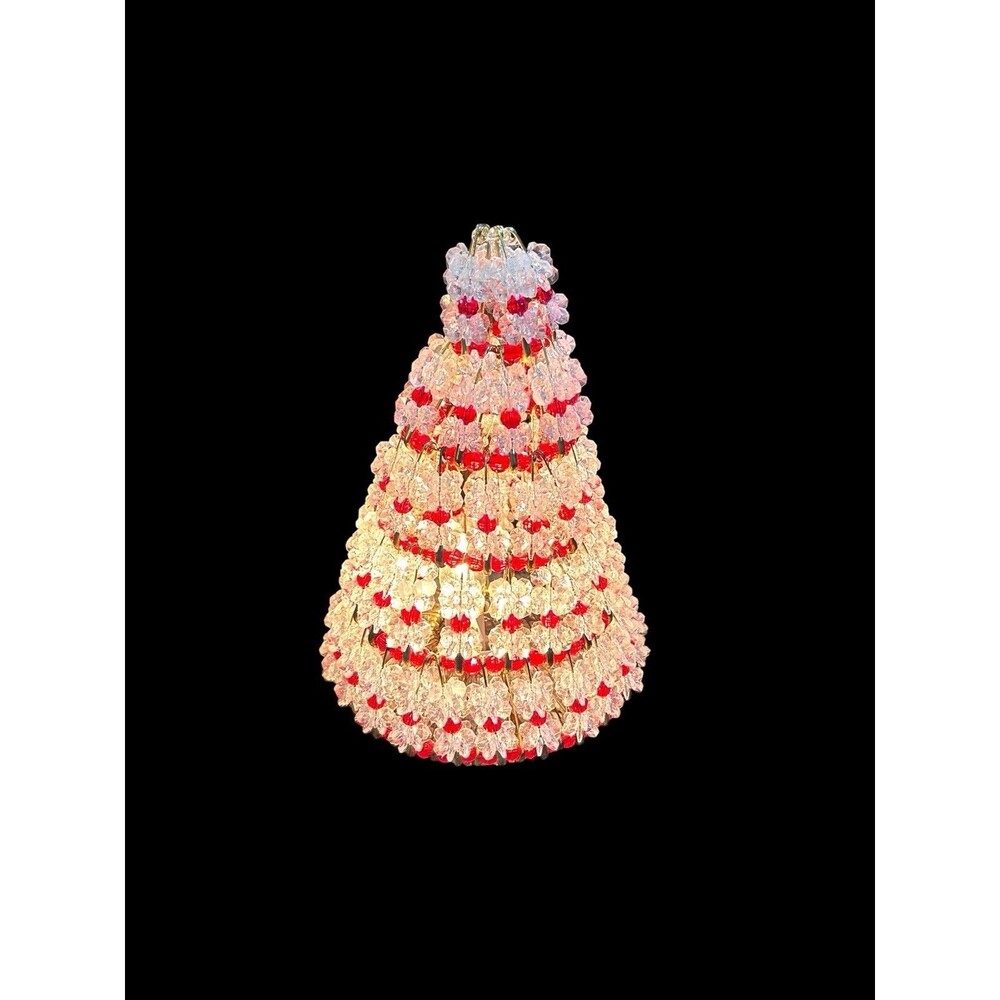 Vtg Handmade Safety Pin Light Up Red Christmas Tree Plastic Beads Tested Works